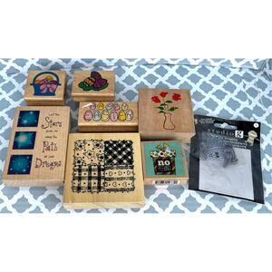 Set of 8 Wood Mount Rubber Stamps Pre-Loved